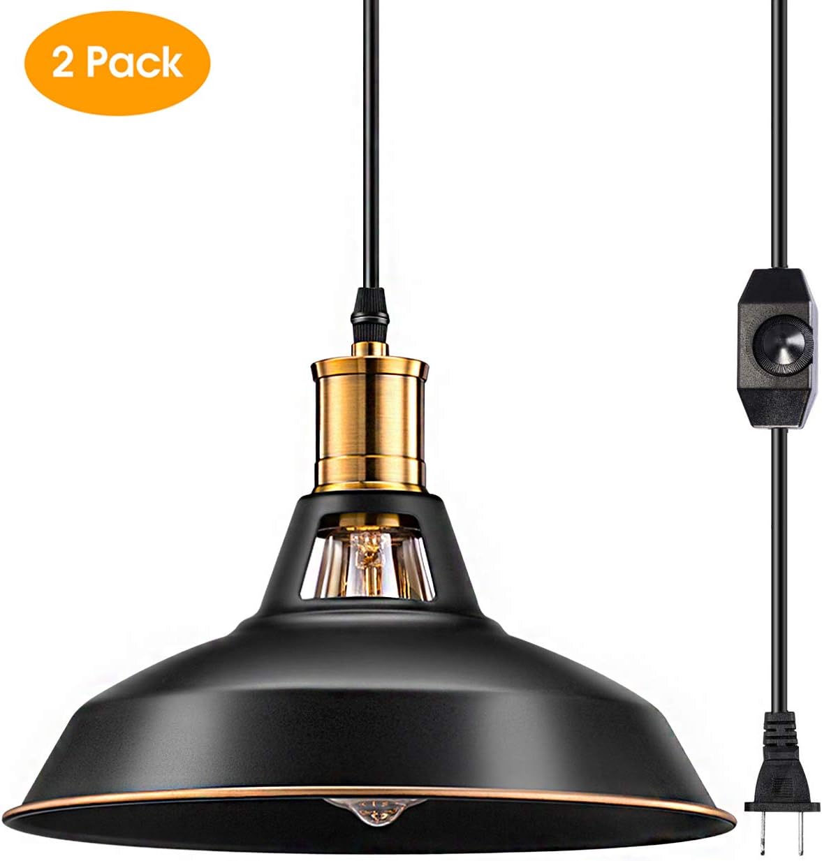 Pynsseu Industrial Barn Plug in Pendant Light with 13.12Ft Cord and Dimmable Switch, Vintage Metal Hanging Pendant Lamp for Kitchen Island, Dining Room, Bedroom or Barn 2 Pack