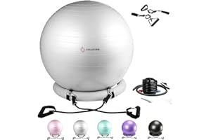 NEUMEE Yoga Ball Chair with 65cm Exercise Ball & 2 Resistance Bands, Stability Base for Home Office, Yoga, Pilates & Fitness, Balance Ball for Posture, Core Strength & Low Impact Workouts