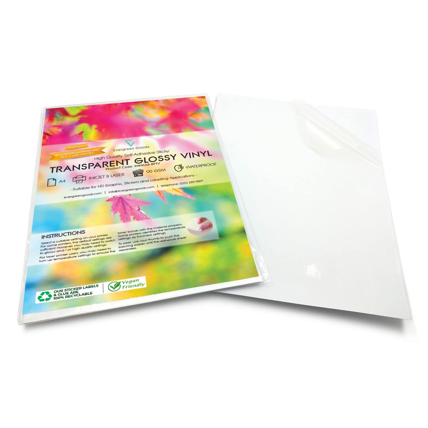 Evergreen Goods Ltd 10 Sheets A4 Glossy Transparent Waterproof Self Adhesive Vinyl Sticker Paper | Inkjet and Laser Printers Printing Paper | Perfect A4 Paper for Product Labels, Jars, Bottles & More