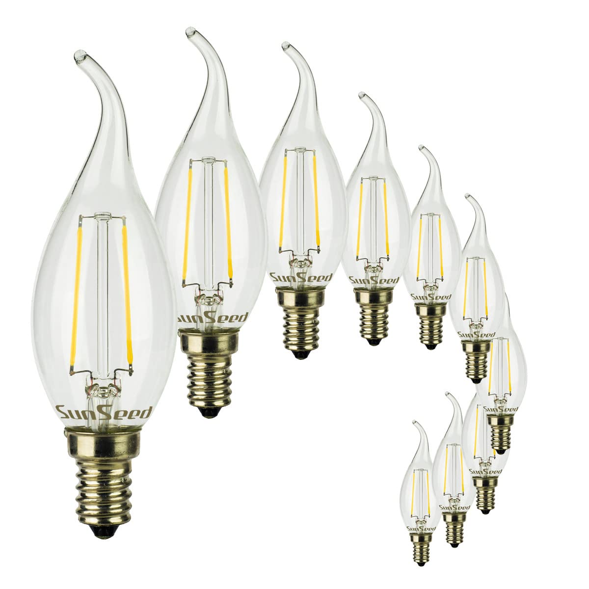 SUNSEED 10 X E14 2W (Equivalent to 25W) Sapphire Filament LED Flame Light Bulb C35TA Neutral White 4000K