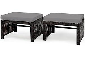 Tangkula 2 Pieces Patio Rattan Ottomans, All Weather Outdoor Footstool Footrest Seat with Soft Cushion, Hidden Zipper, High-Density Sponge, Wicker Ottoman Seat for Patio, Garden, Poolside