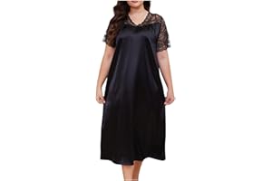 Plus Size Nightgown for Women Sexy Lace Short Sleeve Satin Sleepshirts Silky Long Sleepwear Lounge Sleep Dress(,)