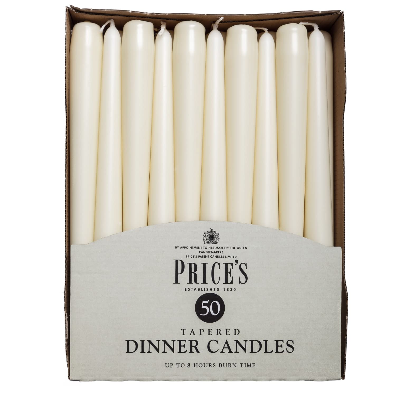 Price's Candles Tapered Dinner Candles Ivory Unscented Wax Pack of 50 | 7 Hour Burn Time Elegant Long Candles for Home Decor, Events, Celebrations & Dining