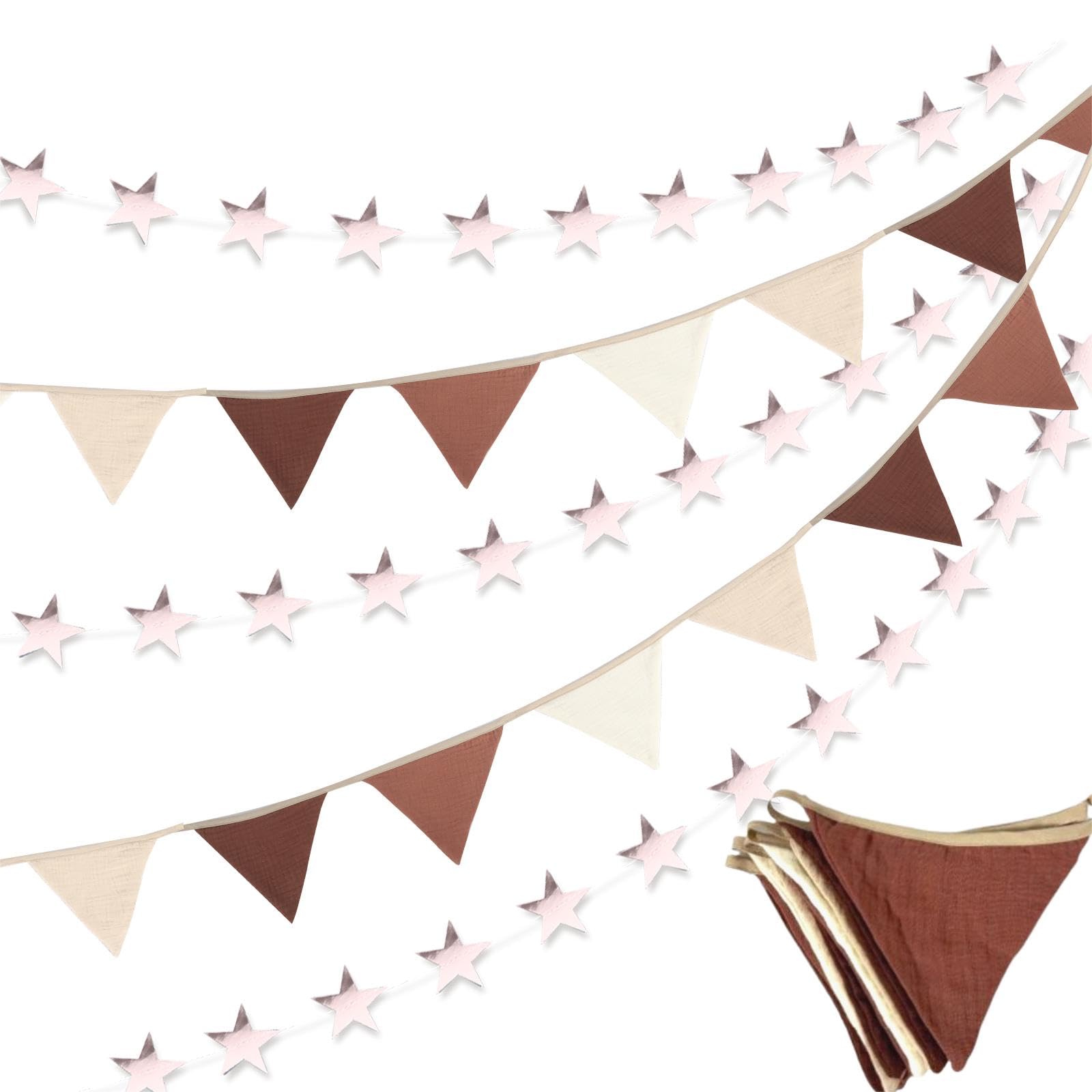 Iridsmole Fabric Bunting Banner, Reflective Star Paper Garland 4M, Two Layer Cotton Bunting Garland 2.6M, Cotton Baby Bunting for Nursery, Cloth Triangle Banner for Bedroom, Baby Shower (Brown)