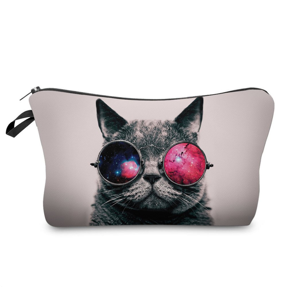 Makeup Toiletry Cosmetic Travel Carry Bag Zippered Luggage Pouch Multifunction Make-up Bag Pencil Holder Organizer for Men and Women (Cool Cat with Glasses)