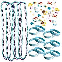 Mermaid Party Favors set - 66 Mermaid Temporary Tattoos 12 Mermaid Rubber Bracelets 12 Purple Mermaid Bead Necklaces for Girls Birthday Supplies