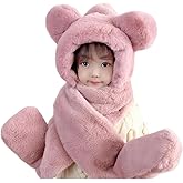 Kids Winter Plush Beanie Hat Scarf Gloves 3 in 1 Set Warm Cute Faux Fur Long Hoodie Earflap Scarf Mitten Gift for Girl Boy