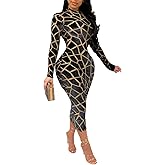 Uni Clau Women Sexy Sheer Mesh Boydcon Midi Dress See Through Printed Long Sleeve Midi Skinny Clubwear Party Dress