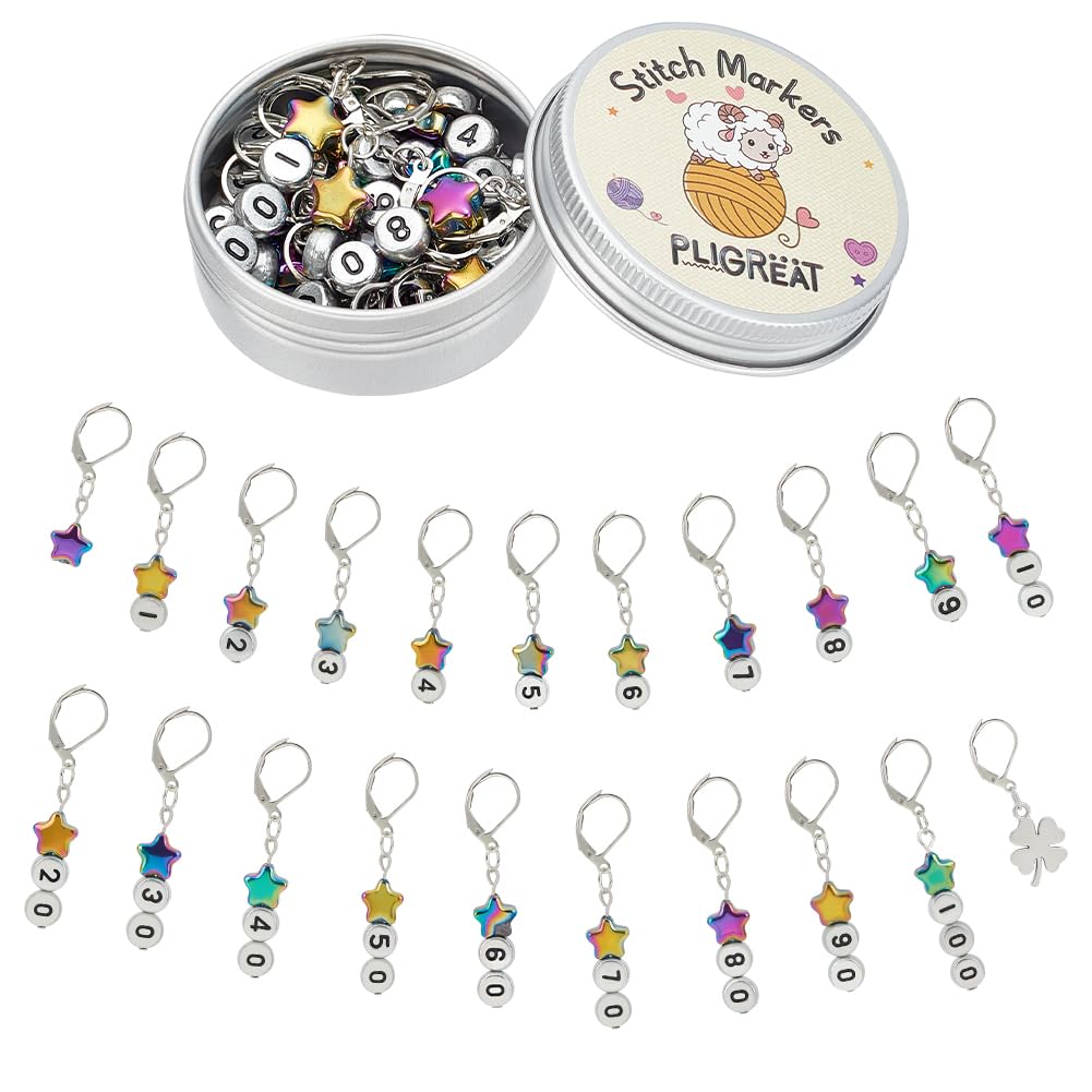 PLIGREAT 22 Pcs Colorful Star Number Beads Charms Crochet Stitch Marker Knitting Row Counter Locking Mark Needle Clip Knitting Tool Kit with Storage Tin Box Gift for Mom DIY Jewelry Crafts Accessories
