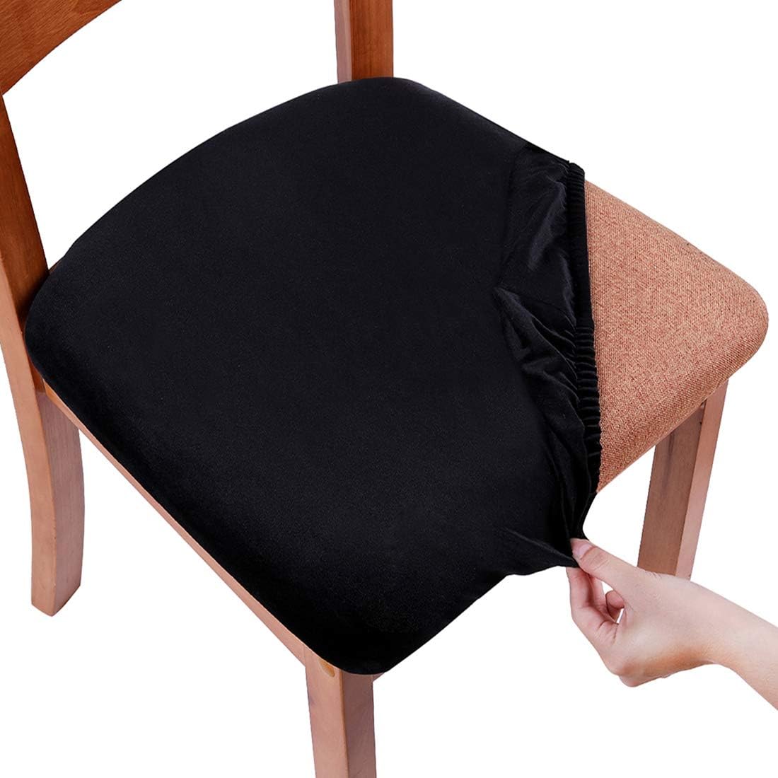 Slipcovers - smiry Original Velvet Dining Chair Seat Covers, Stretch Fitted Dining Room Upholstered Chair Seat Cushion Cover, Removable Washable Furniture Protector Slipcovers with Ties - Set of 2, Black