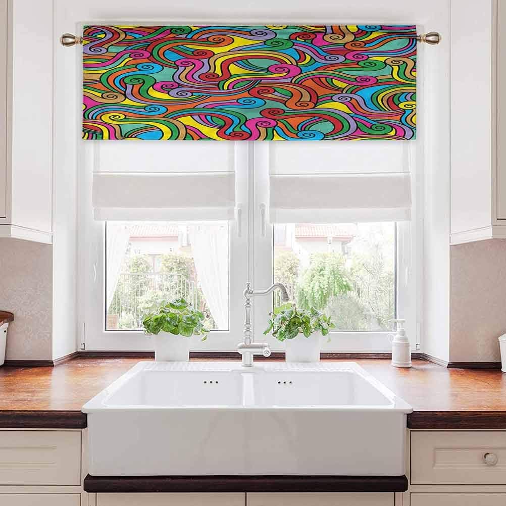 Cortina de cocina, color amarillo y rojo, línea de diseño en espiral