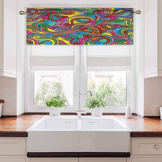 Cortina de cocina, color amarillo y rojo, línea de diseño en espiral