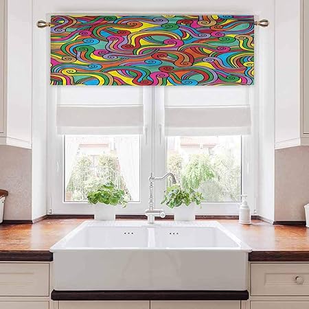 Cortina de cocina, color amarillo y rojo, línea de diseño en espiral