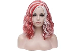 BERON Red and White Wigs for Women Girls White Mixed Red Short Curly Wavy Wig Color Shoulder Length Body Wave Halloween Cosplay Daily Party Wigs