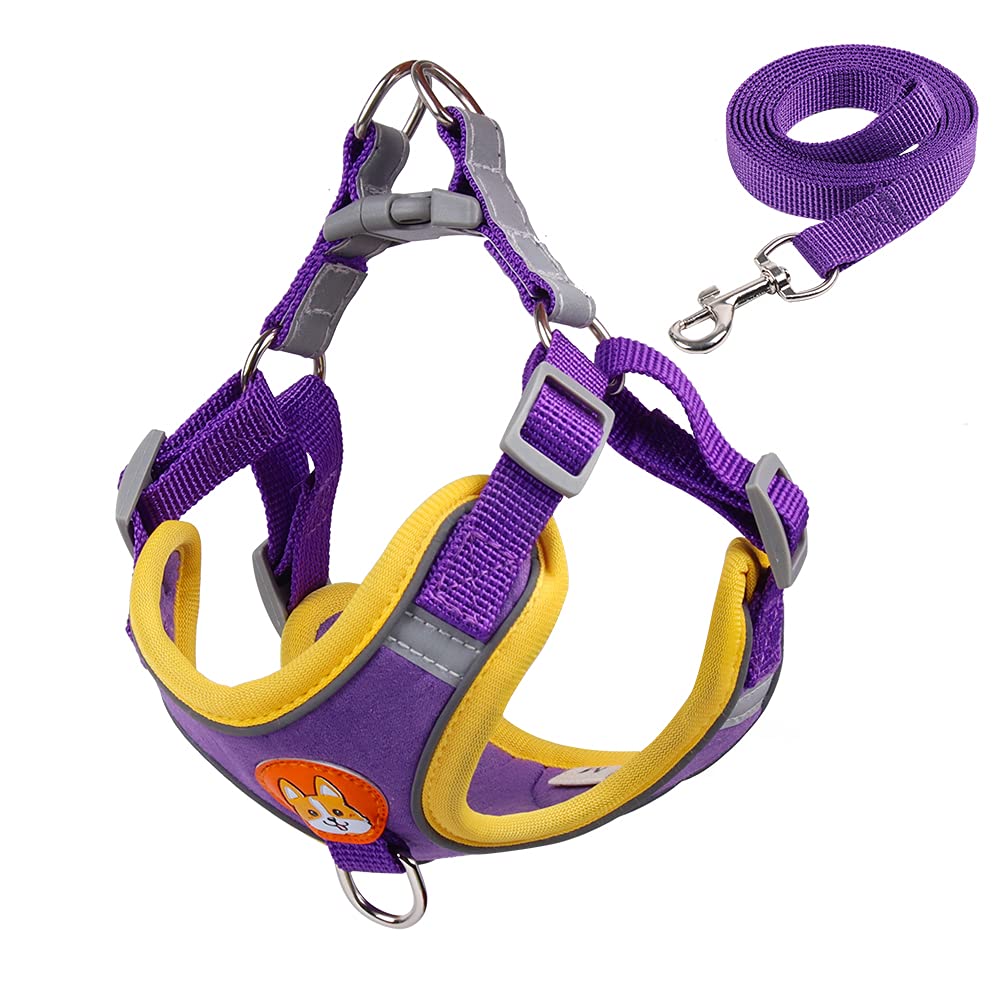 MeiAOBest Dog Harness with Leash set, Soft Suede Step-in Puppy Harness Reflective Adjustable No Pull Small Dogs Harnesses for Extra Small,Medium Dogs (XL, Purple)