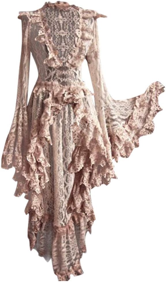 COOLLL Gothic Dresses for Women Vintage Lace Crochet See Through Collar V-Neck Ruffled Patchwork Wide Sleeve Long Dress Steampunk Retro Party Halloween Performance Costume Beige