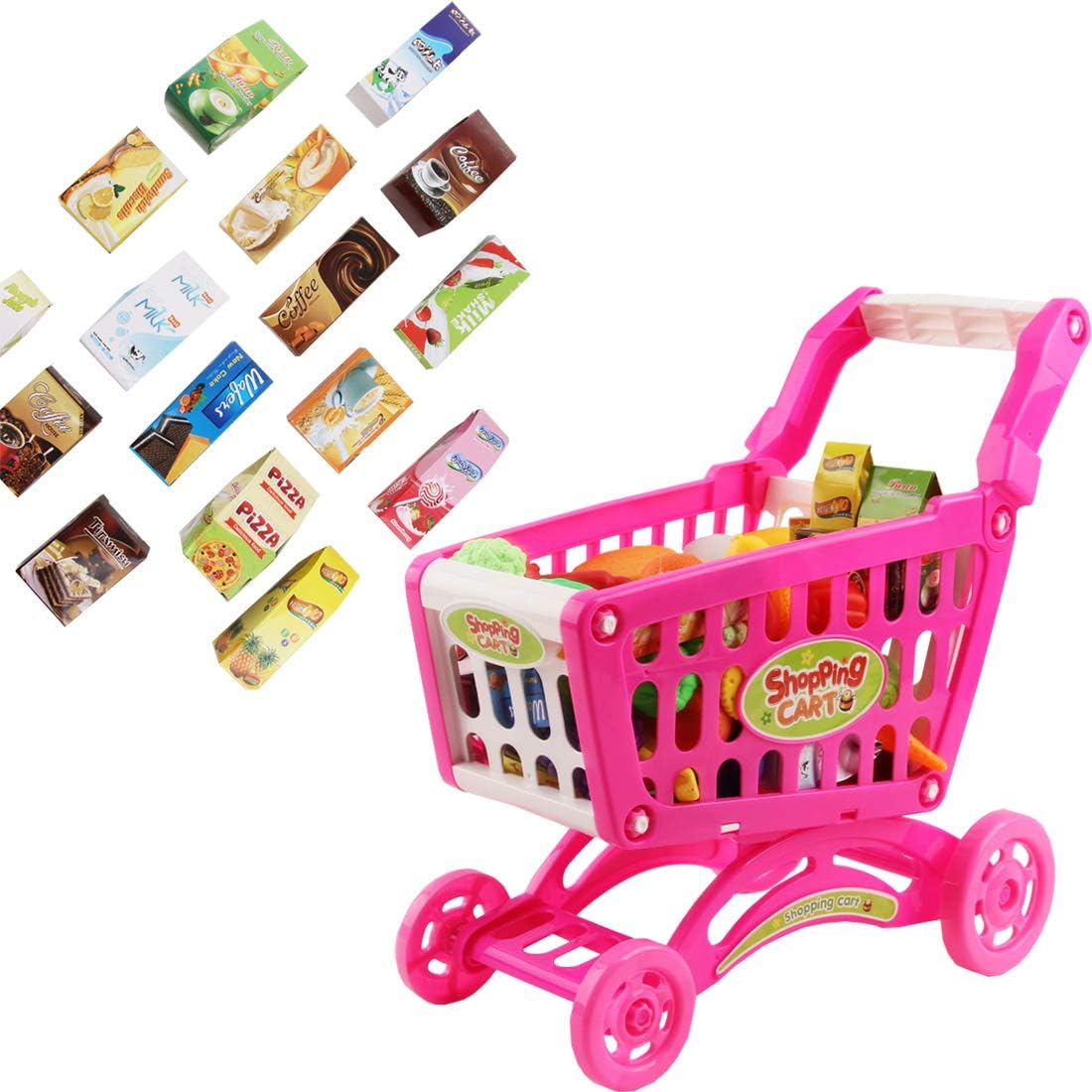 deAO Kids Shopping Cart Trolley Toys, 65 PCS Supermarket Playset Cart with Food Fruit Vegetables - Image 5
