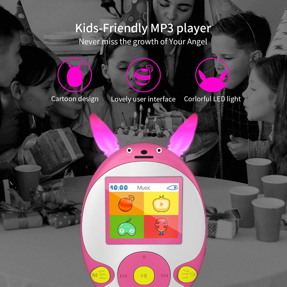 Wiwoo Bluetooth MP3 Player for Kids, 8GB Lossless Portable Music Player with Speakers, FM Radio, Voice Recorder, Video,Pictures, Kids Friendly MP3 Player with Cartoon Pattern Support Up to 128GB, Pink