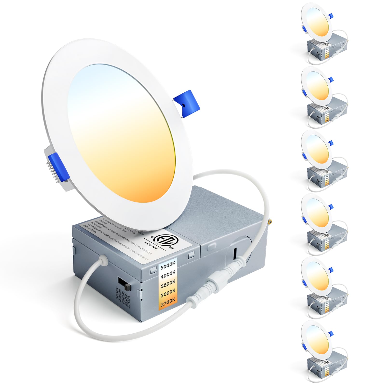 Photo 1 of Ensenior 6 Pack 4 Inch LED Recessed Light, Dimmable, 2700K-5000K 5CCT, 750LM High Brightness, 9W 120V, Damp Rated, ERL-9X-ETL, Ultra-Thin Canless Wafer Ceiling Light - ETL & FCC & IC
