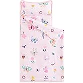 Wake In Cloud - Toddler Nap Mat with Pillow and Blanket, for Kids Girls in Kindergarten Daycare Preschool Pre K, Roll Up Sleeping Bag, Cute Butterfly Flowers, Pink, Standard