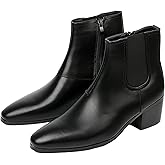QEOSNBX Men'S Classic Leather Chunky Heel Chelsea Boots With Side Zipper Fashion Pointed Toe Elastic Band High Top Block High Heel Formal Chukka Booties For Casual Business Party Wedding