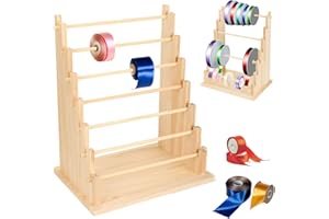 HOMAKOVER Wooden Ribbon Organizer Rack,Large Capacity Ribbon Holder, Ribbon Spool Holder Stand, Washi Tape Storage Organizer, Wooden Sewing Organizer Display Shelf for Craft Room,Cake Shop,Flower Store (7 Tier)