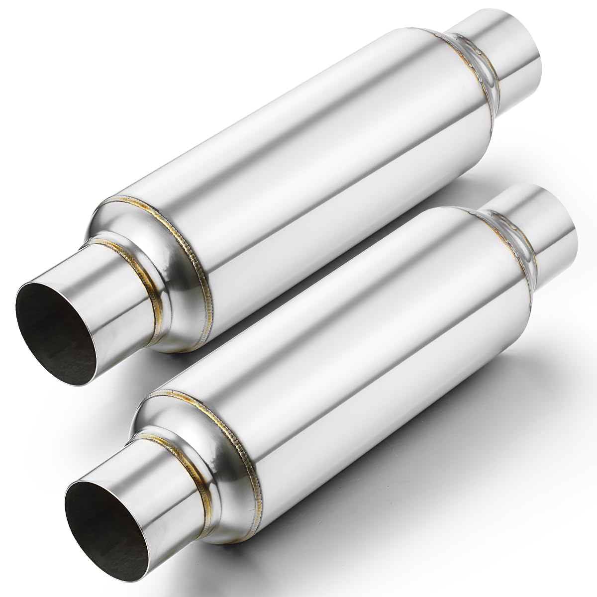 Photo 1 of A-KARCK 2.5" Inlet Resonator, Exhaust Resonator Muffler Stainless Steel Polished 2.5" Inlet 2.5" Outlet 16" Overall Length Straight Through Design 2 Pack