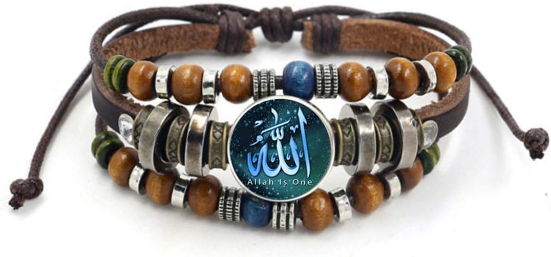 MAY HAPPY Vintage Islam Allah Beads Leather Bracelet Glass Cabochon Charm Snap Button Bracelets for Men Women Muslim Jewelry Accessories