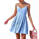 FANCYINN Women's Summer V Neck Casual Swing Short Dress Spaghetti Strap Tiered Backless Dresses with Pockets