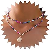 Erimberate Bohemian Layered Shell Choker Necklace Acrylic Rainbow Seed Bead Necklace Cowrie Shell Pendant Necklace Handmade Seashell Rice Bead Necklace Jewelry for Women