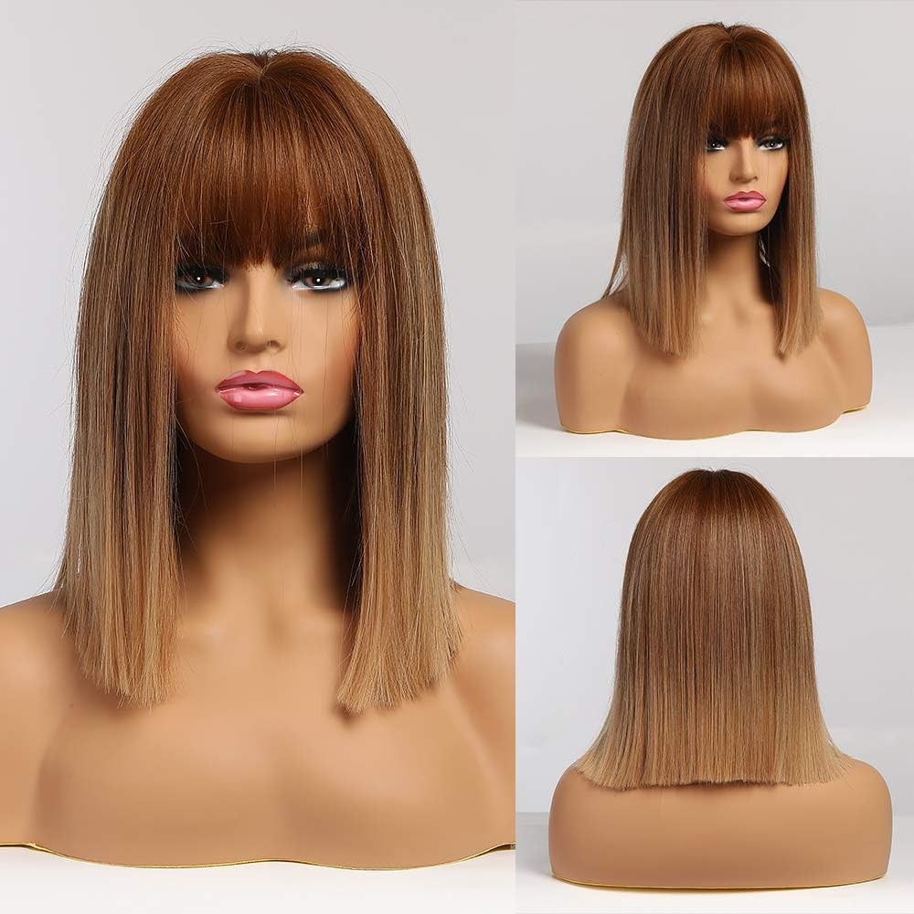 EMMOR Ombre Brown Bob Wigs With Bangs - Heat Resistant Synthetic Wigs, Ombre Brown Gold, 2 Piece Set