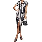 Recious Womens Sexy Short Sleeve Deep V Neck Printed Ruched Ruffles Bodycon Party Clubwear Dress