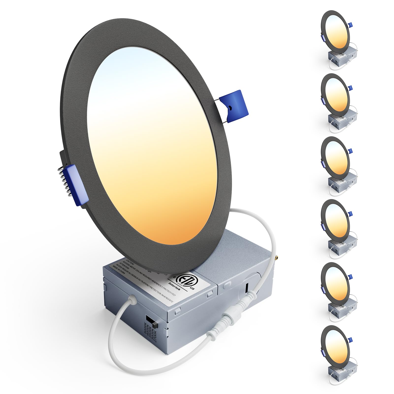 Ensenior 6 Pack 6 Inch LED Recessed Light, Dimmable, 2700K-5000K 5CCT, 1200LM High Brightness, 12W 120V, Damp Rated, Ultra-Thin Canless Wafer Light, Black - ETL & FCC & IC Image