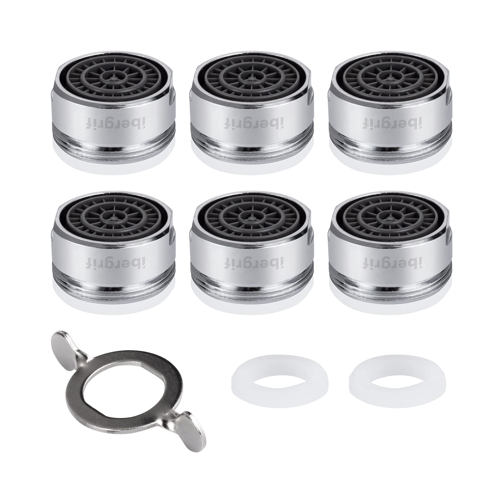 Ibergrif M91005 Tap Aerators M24, Tap Filter Nozzle Male Thread 24mm with Gasket and Aerator Wrench, Water Saver Filter Replacement Part, 6PCS, Silver