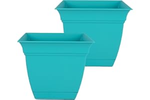 The HC Companies Eclipse Square Plastic Planter w/Attached Saucer - Outdoor & Indoor Plant Pot with Drainage Holes - Lightwei