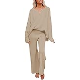 Pink Queen Women's 2 Piece Fall Outfit Lounge Set Long Sleeve Button Pullover Sweater Matching Wide Leg Pants Knit Sweatsuit
