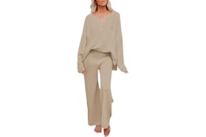 Pink Queen Women's 2 Piece Fall Outfit Lounge Set Long Sleeve Button Pullover Sweater Matching Wide Leg Pants Knit Sweatsuit