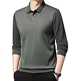 Men's Faux Two Piece Lapel Long-Sleeve Tops, Men's Striped Lapel Fake Two Piece Shirt, Casual Sweaters