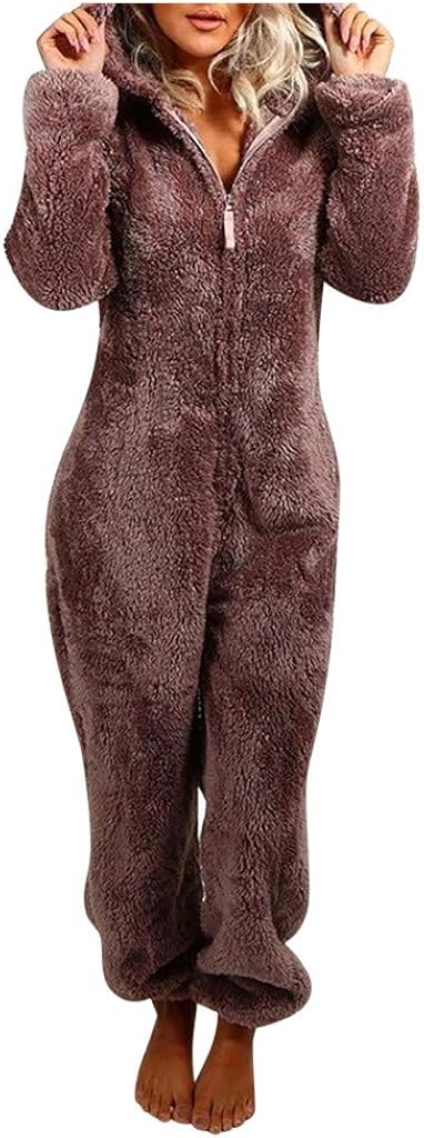 VEKDONE Women Winter Warm Sherpa Romper Fleece Onesie Pajama One Piece Zipper Hooded Jumpsuit Sleepwear Playsuit at  Women’s Clothing store