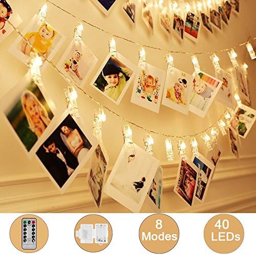 Weepong 40 LED Photo Clips String Lights Holder, Picture Hanging Lights with Remote and Timer 16.4 ft Battery Powered Fairy String Lights for Teen Girls Gift Dorm Bedroom Wall Wedding Decor (8 Modes)