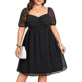 Plus Size Graduation Dress - Summer Swiss Dot Sweetheart Neckline Short Sundress Puff Sleeve Cute Flowy Chiffon Dresses