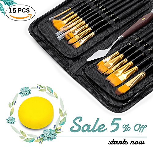 Yimaler 15Pcs Art Paint Brush Set Painting Brushes Kit with FREE Painting Knife & Watercolor Sponge Professional Paintbrushes Set with Synthetic Nylon Tips - Wood Handles for Body Paint Acrylics & Oil