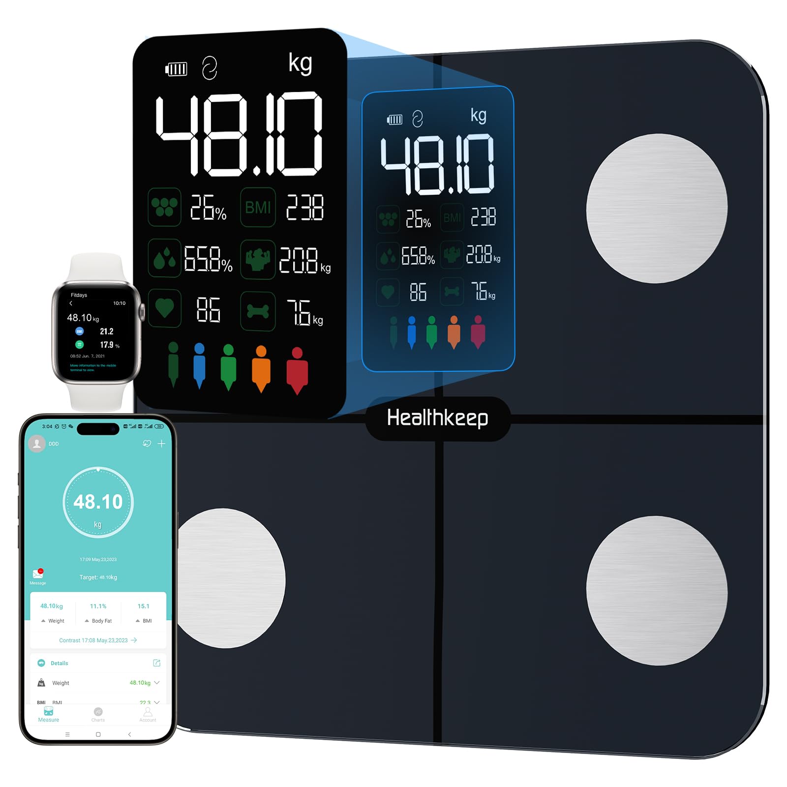 Healthkeep Body Fat Scales | Digital Bathroom Scale Weight Machine with 15 Body Composition Metrics(BMI,Heart Rate,Muscle,Bone ect.), Large VA Display and App Electric Weighing-Scale for Fitness