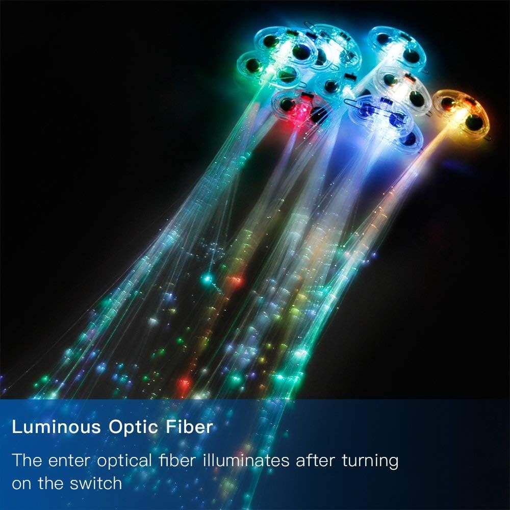 Novelty Place [Party Stars] 14 inch LED Light-Up Optic Fiber Hair Extension with Barrette Party Light Set - Alternating Multicolors (12 Pack): Toys & Games