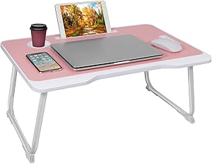 Laptop Bed Tray Table,Foldable Lap Desk Stand with Cup Holder, Kids Adults Students Cute Multifunctional Lap Bed Desk,Suitable for Eating, Working, Writing, Gaming, Drawing (Pink-White)