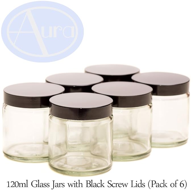 PACK of 6 120ml CLEAR GLASS Jars with BLACK Lids for Aromatherapy