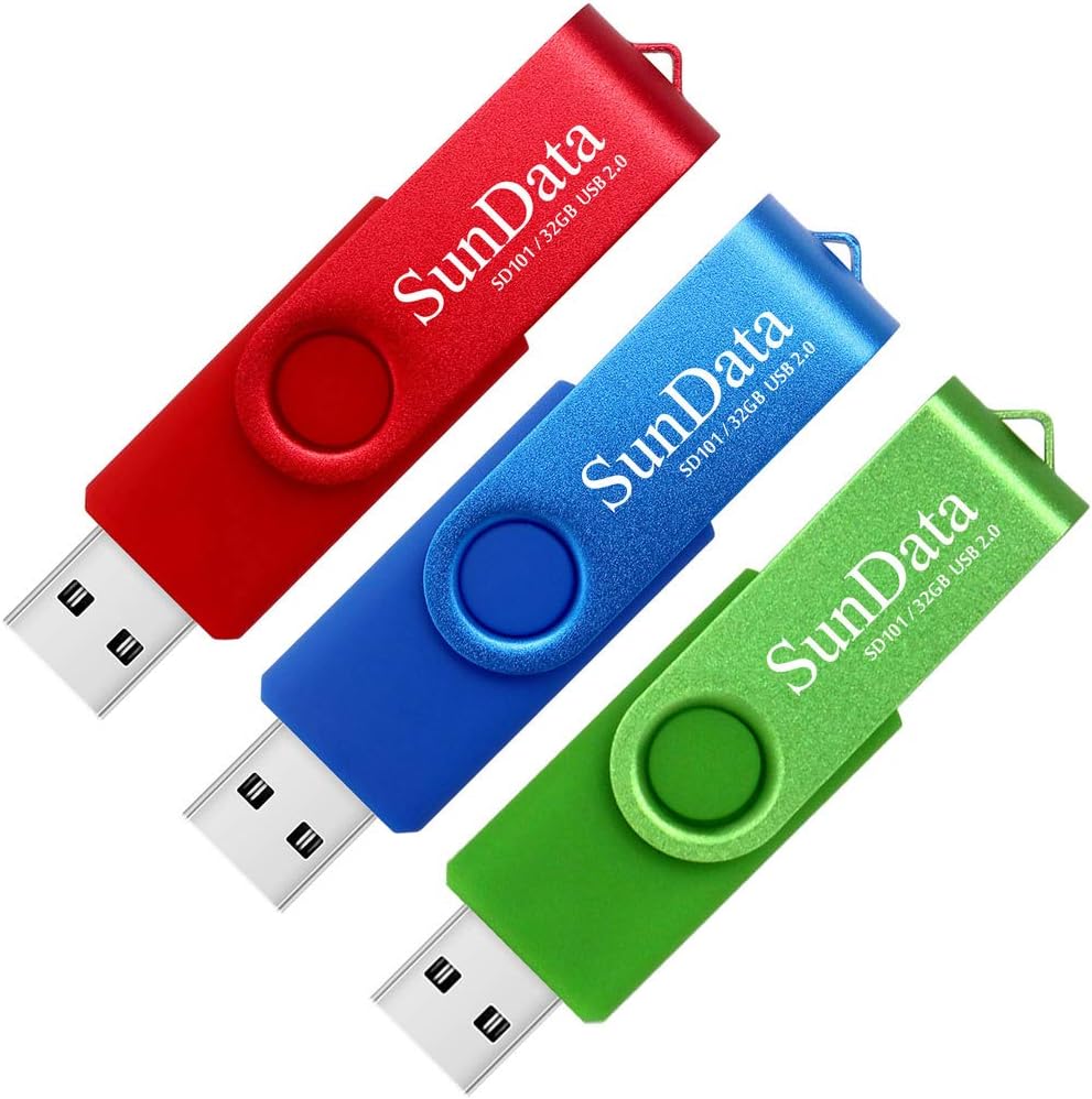 SunData 32GB USB 2.0 Memory Stick 3 Pack Swivel Design Blue Green Red