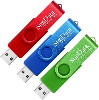 SunData 32GB USB 2.0 Memory Stick 3 Pack Swivel Design Blue Green Red
