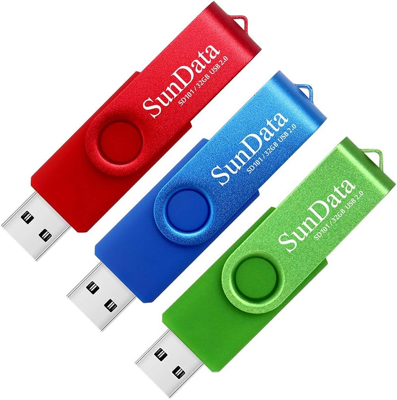 SunData 32GB USB 2.0 Memory Stick 3 Pack Swivel Design Blue Green Red
