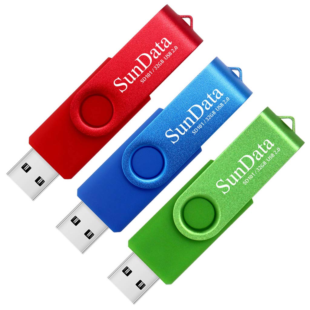 SunData 32GB Memory Stick 3 Pack USB 2.0 Flash Drive Swivel Design Thumb Drives USB Stick Pen Drive for Data Storage with LED Light (3 Colors: Blue Green Red)